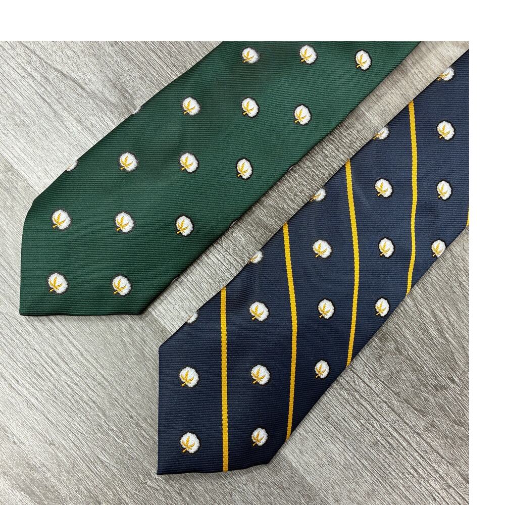 Cotton Boll 2 Tie Lot 100% Silk Made USA Navy Green Cotton Motif 3.75"